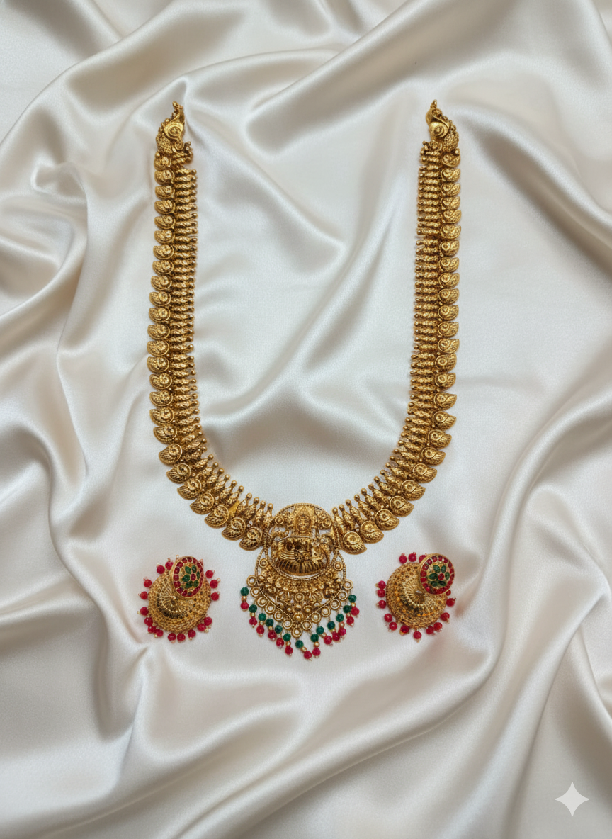 Gold Long Temple Haram Mango Necklace & Jhumka Earrings Set